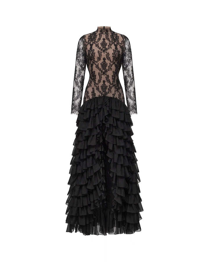 Stella maxi, maxi dress made of black lace with a skirt of black chiffon
