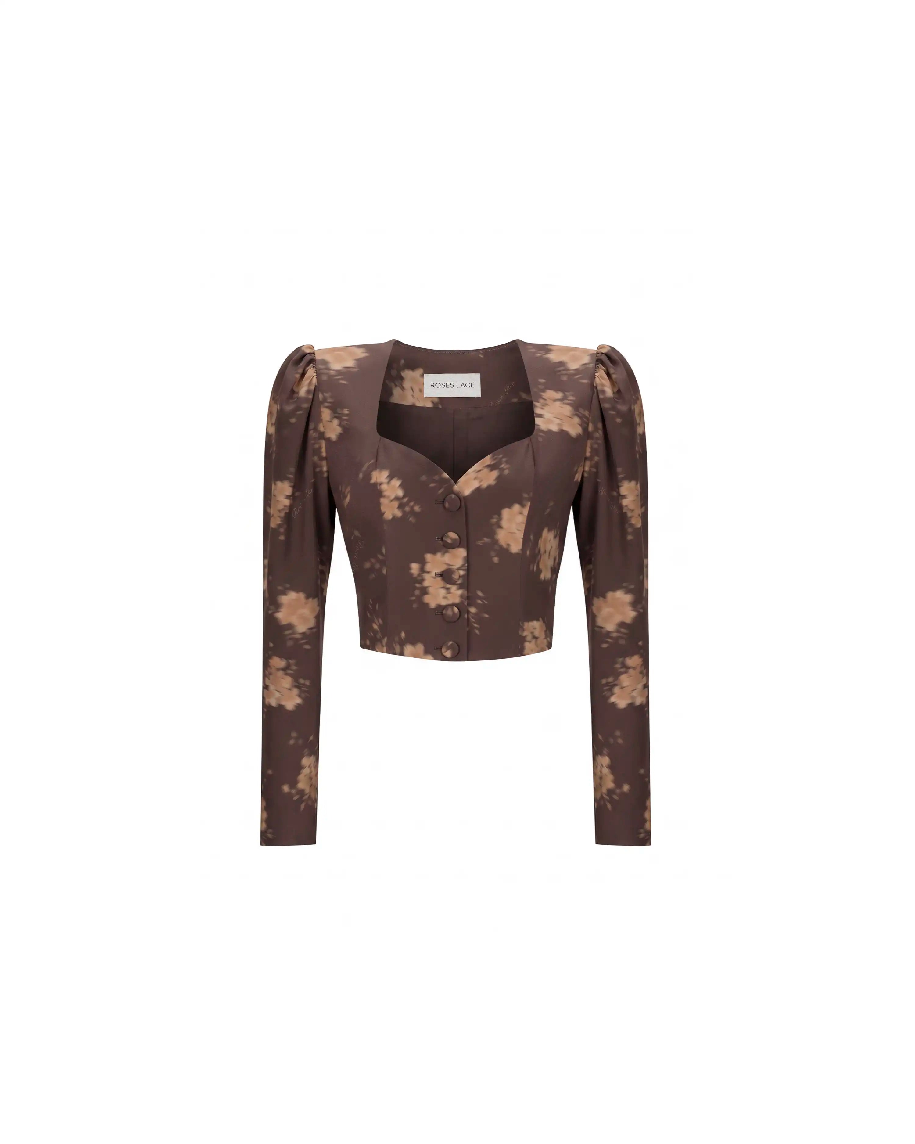 Melinda, chocolate crepe de chine jacket with beige flowers