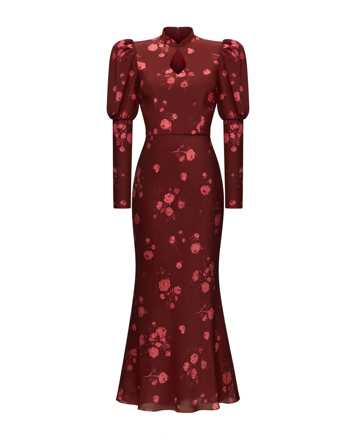 Giannetta Midi, midi dress made of burgundy crepe de chine with a floral print