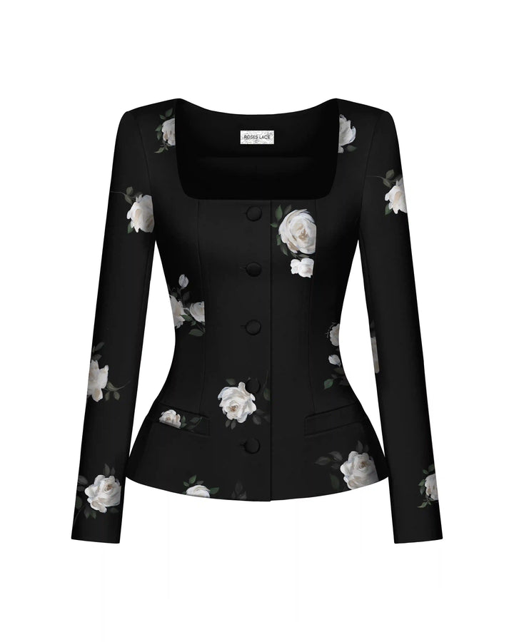 Rachel, jacket made of black crepe de chine with floral print