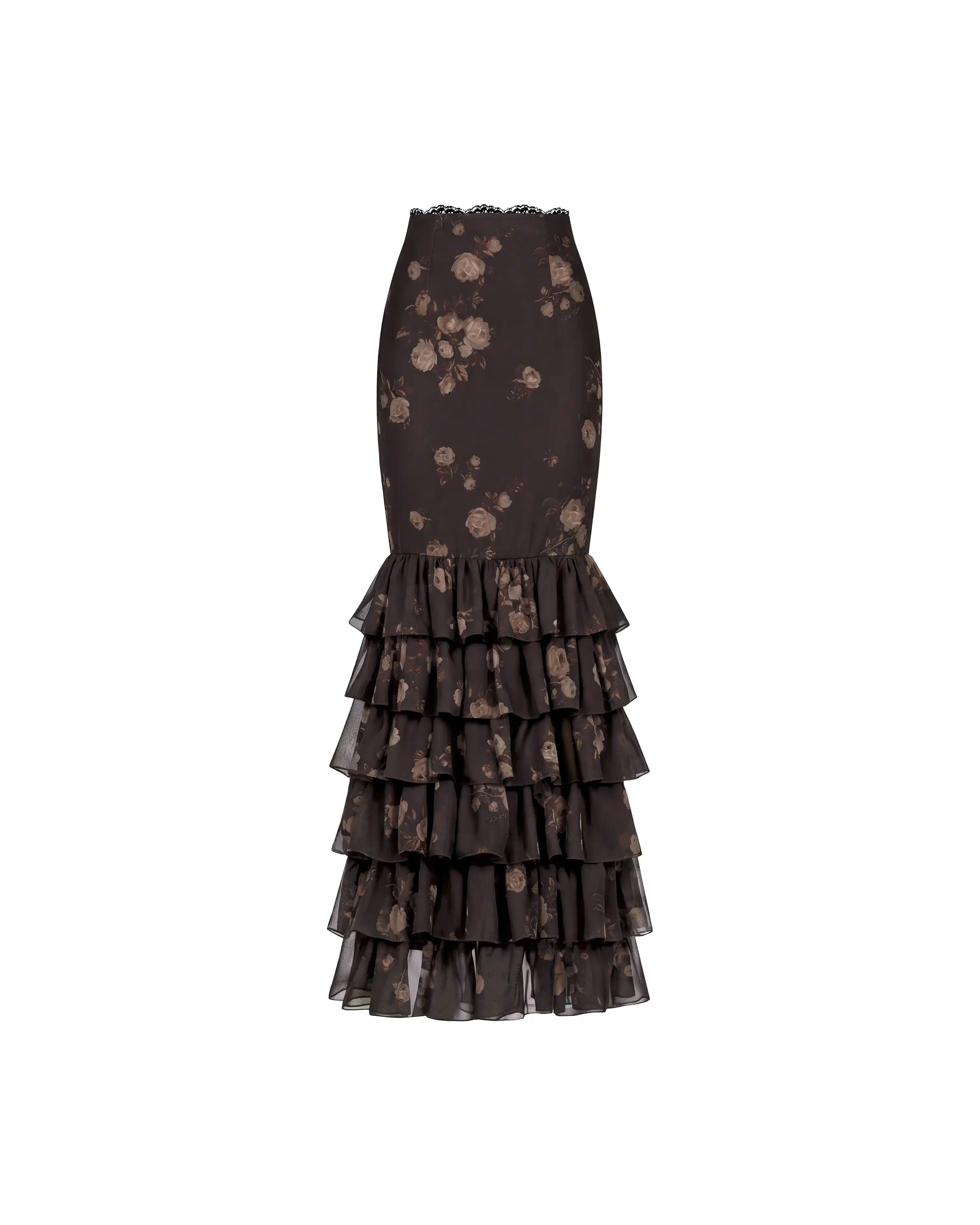 Ru, chocolate chiffon maxi skirt with beige flowers and lace trim
