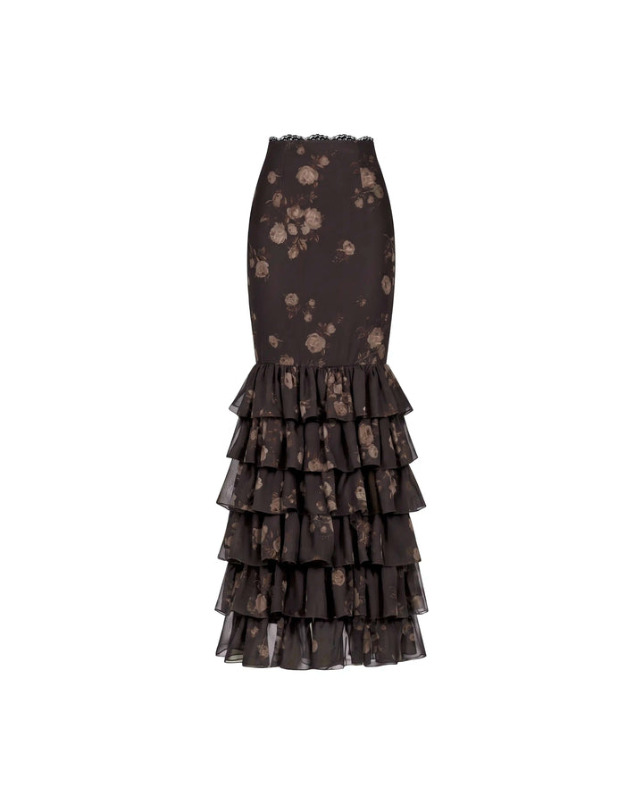 Ru, chocolate chiffon maxi skirt with beige flowers and lace trim