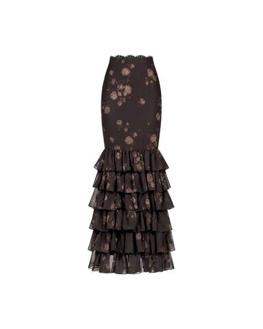 Ru, chocolate chiffon maxi skirt with beige flowers and lace trim