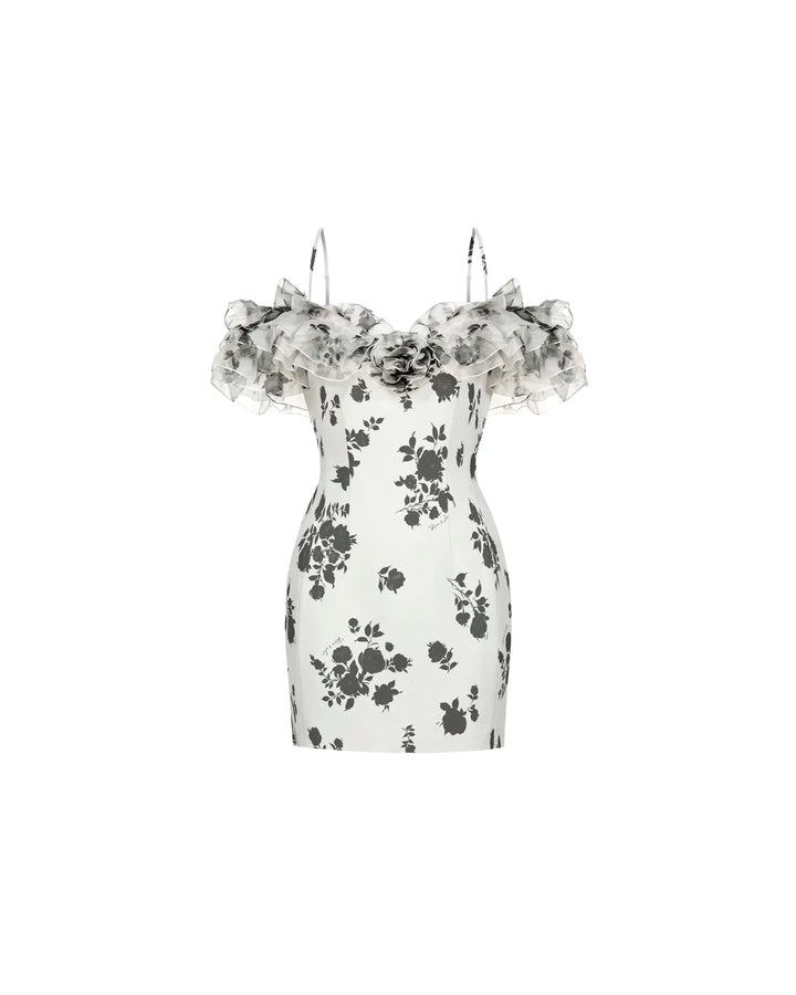 May mini, milky organza mini dress with floral print, ruffles, and a rose
