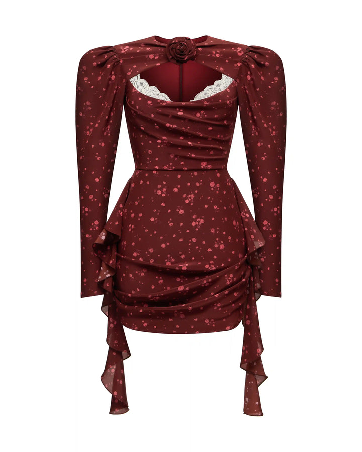 Macy, mini dress made of burgundy crepe de chine with a floral print