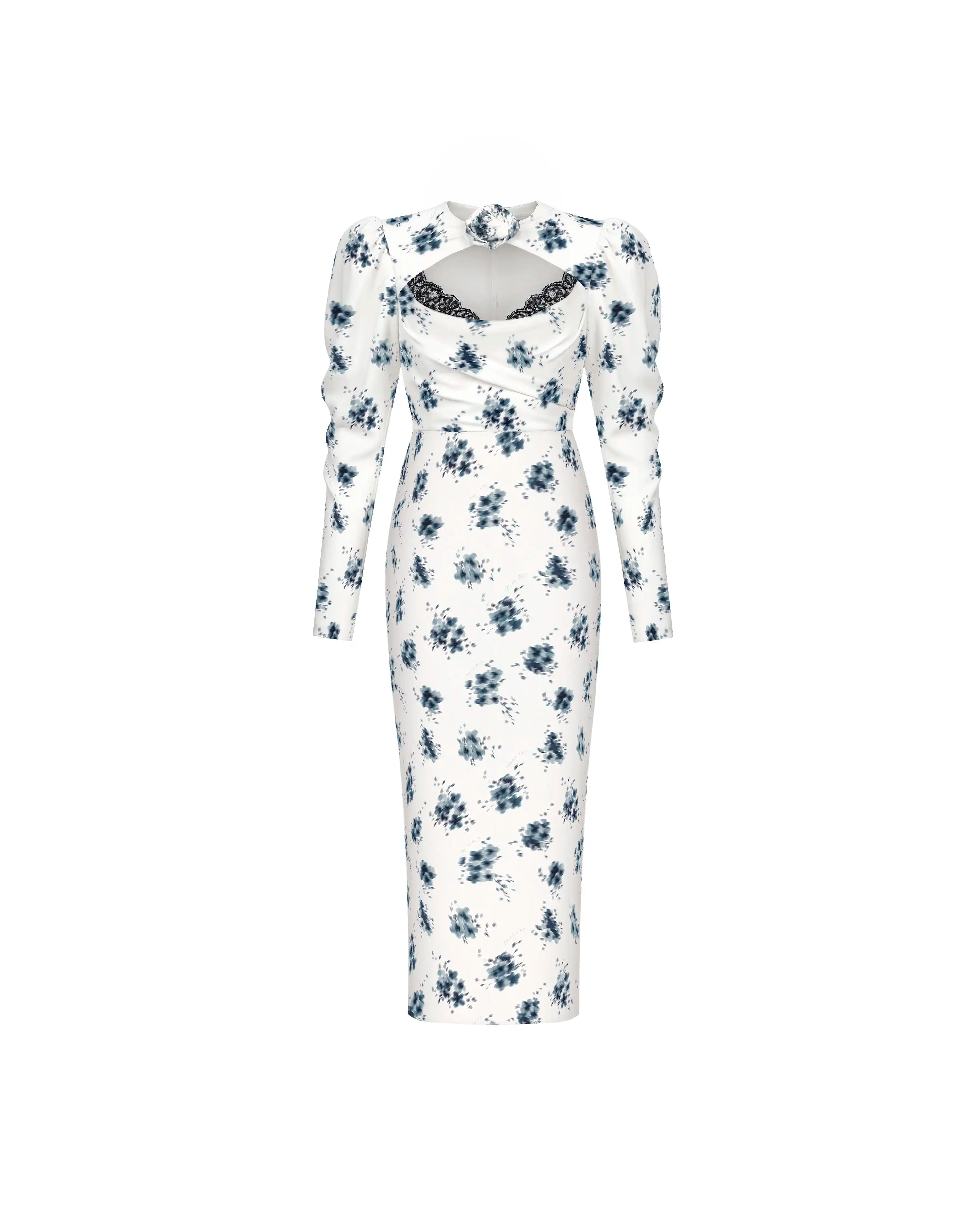 Macel midi, milky crepe de chine midi dress with floral print