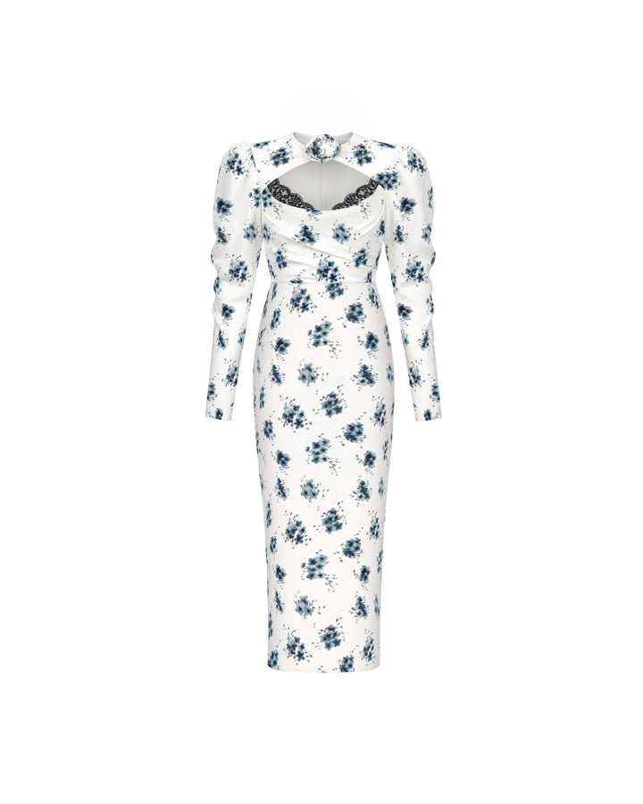 Macel midi, milky crepe de chine midi dress with floral print