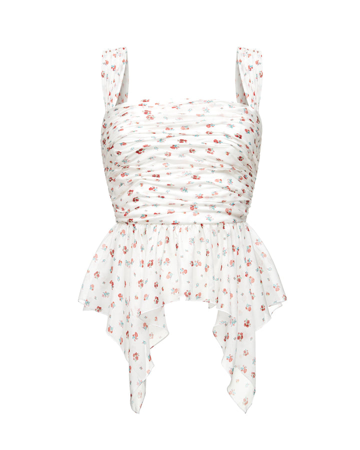 Jean, corset top with asymmetrical peplum, milky white with delicate red blossoms
