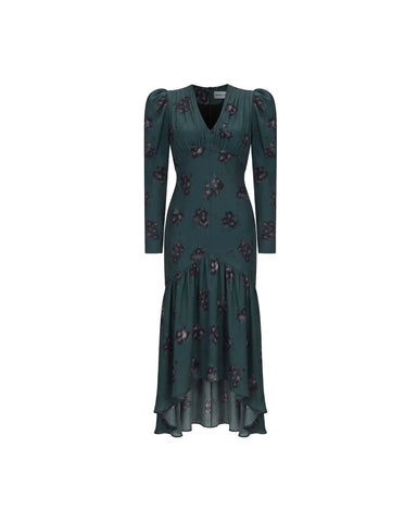Bree midi, emerald crepe de chine midi dress with black flowers