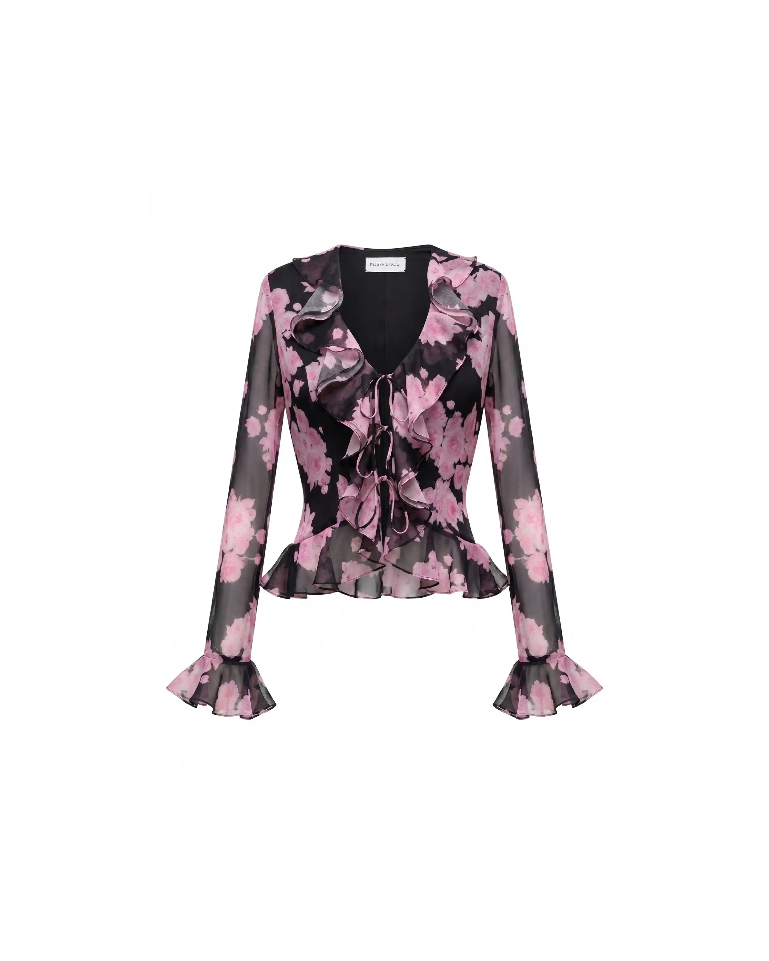 Ruzana, black chiffon blouse with sleeves and ruffles and large pink flowers
