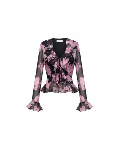 Ruzana, black chiffon blouse with sleeves and ruffles and large pink flowers