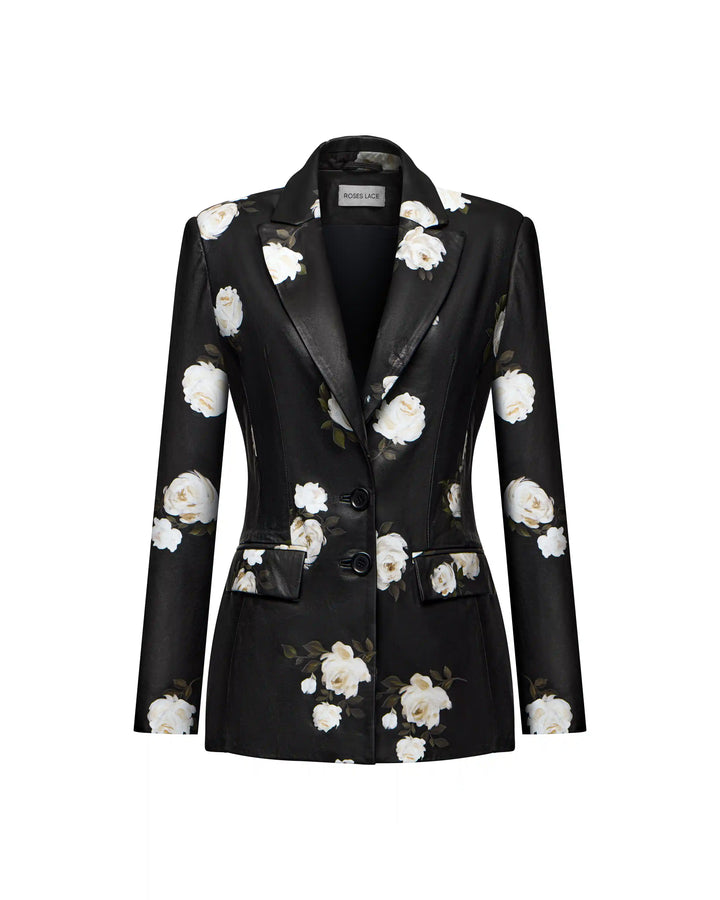 Fila, jacket made of black genuine leather with a floral print