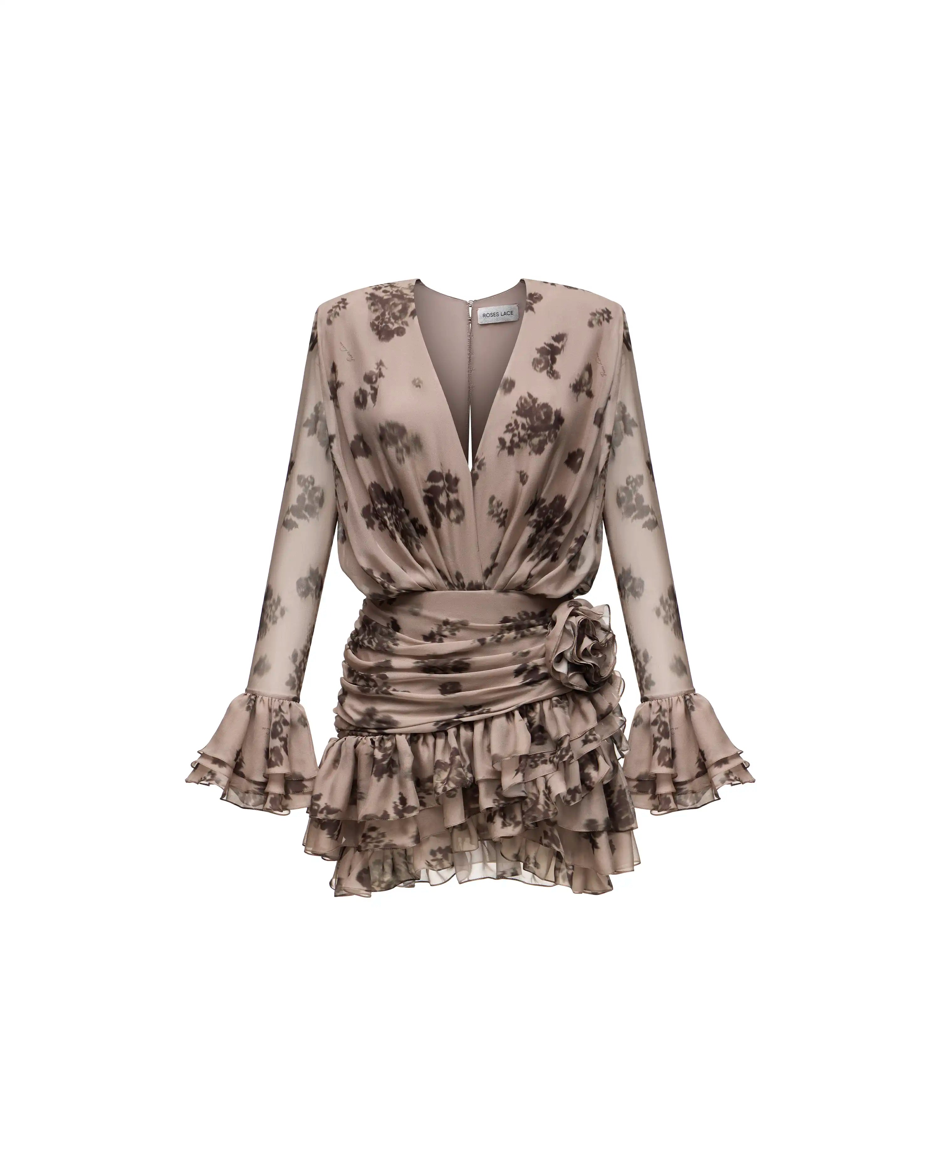 Mira mini, beige chiffon mini dress with chocolate flowers