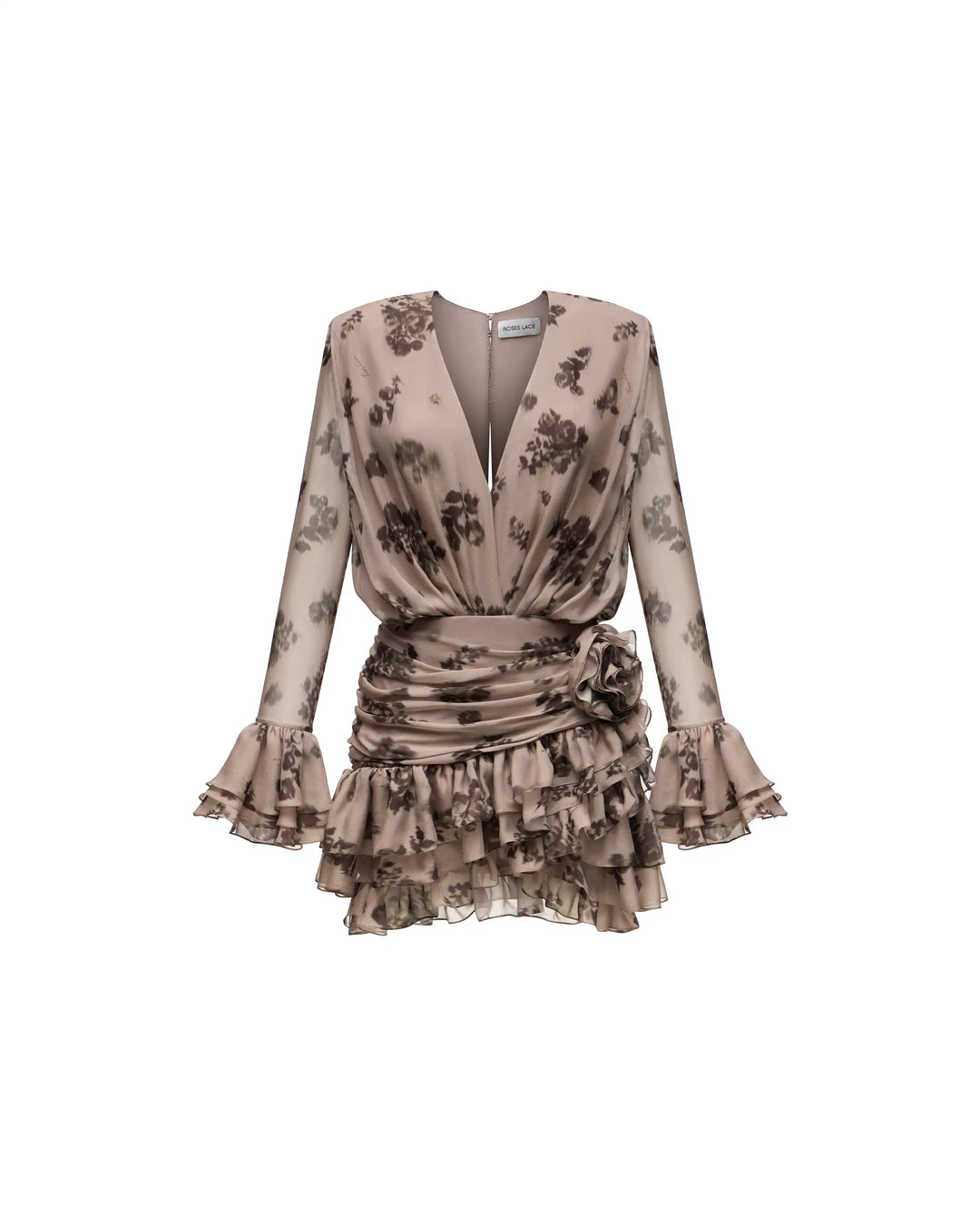 Mira mini, beige chiffon mini dress with chocolate flowers