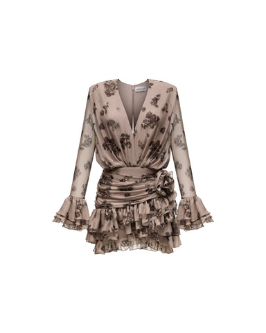 Mira mini, beige chiffon mini dress with chocolate flowers