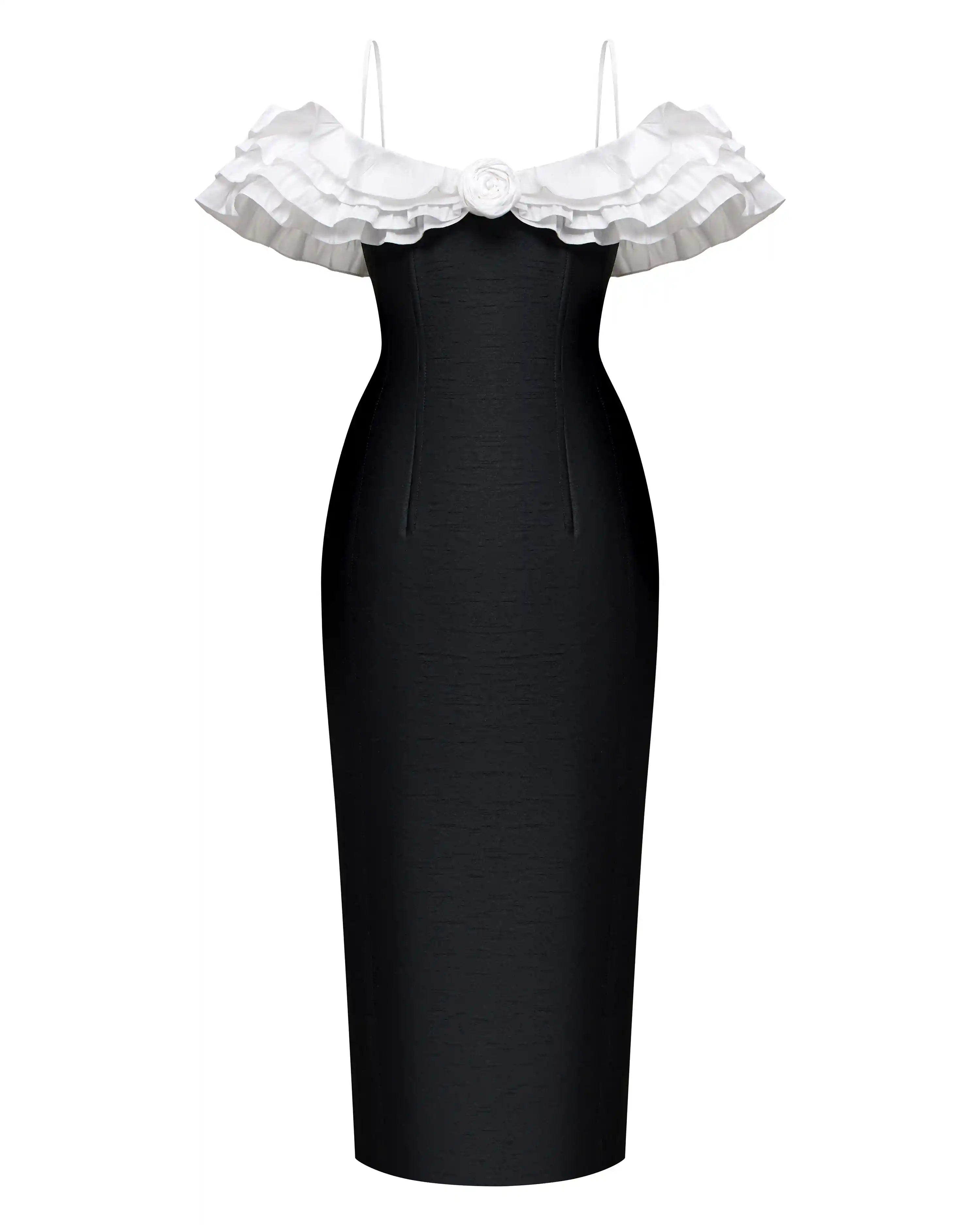 May midi, midi dress made of black taffeta with a rose