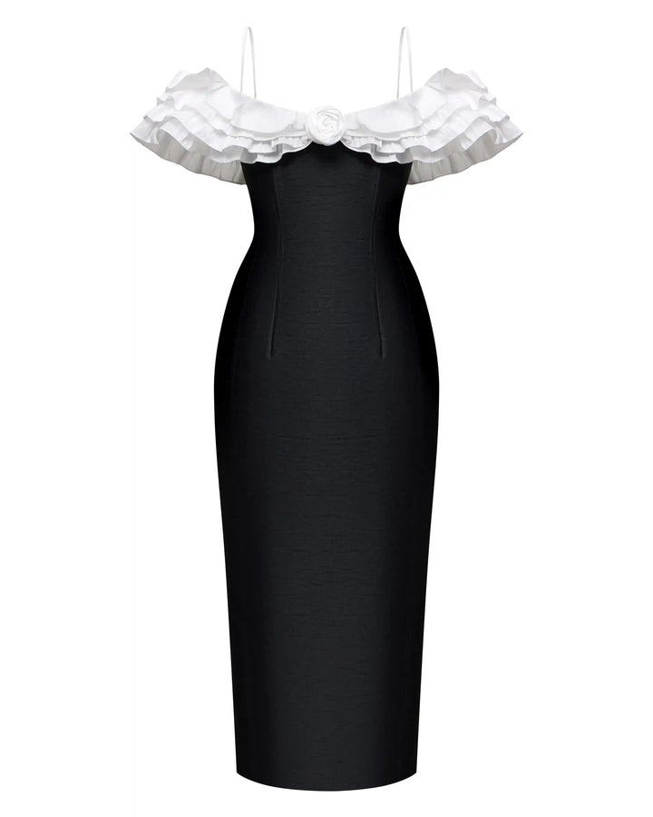 May midi, midi dress made of black taffeta with a rose