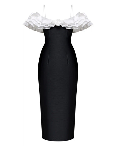May midi, midi dress made of black taffeta with a rose