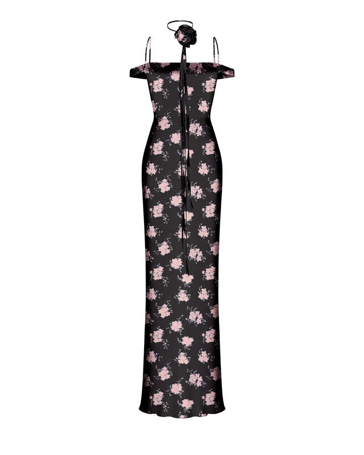 Melany maxi, black satin maxi dress with a medium floral print
