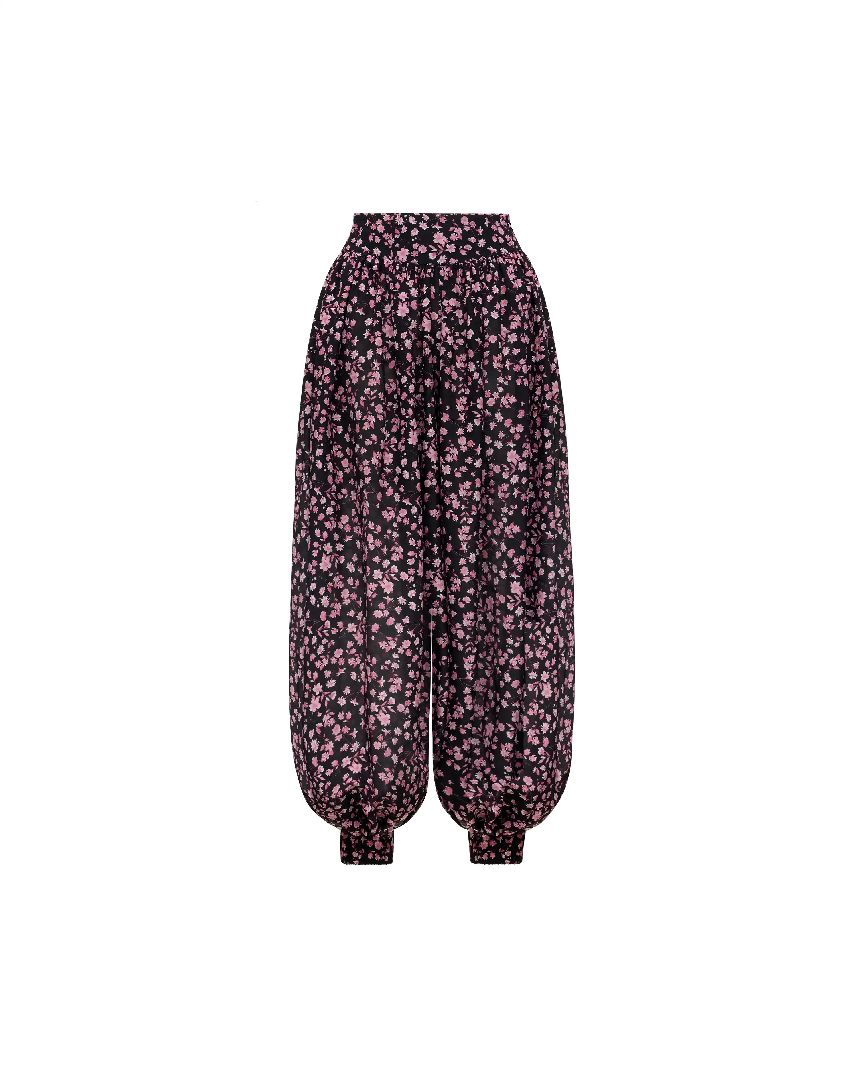 Evie, black batiste pants with small light pink flowers