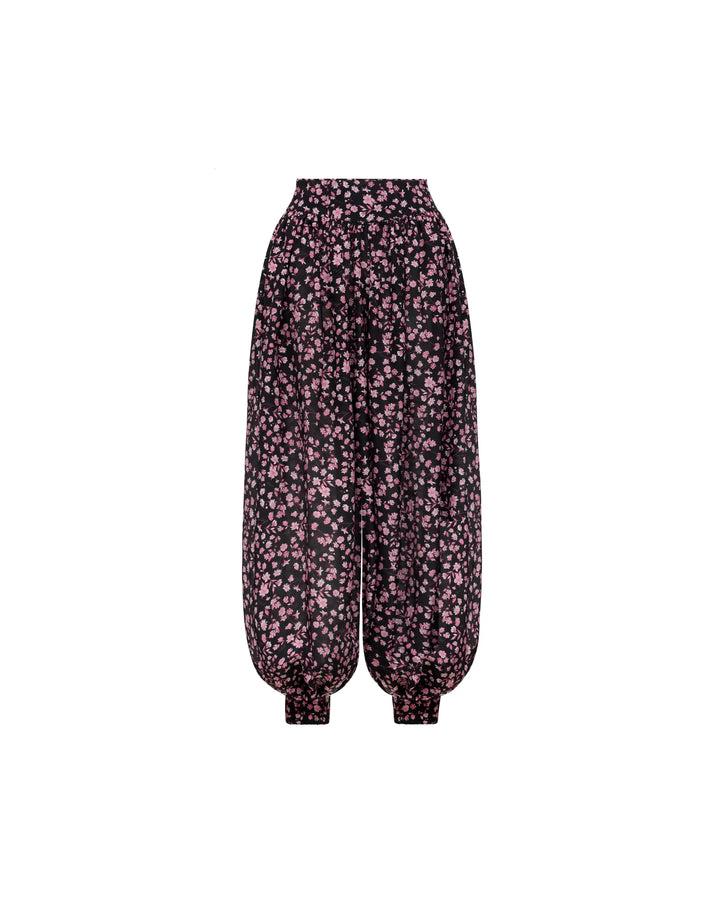 Evie, black batiste pants with small light pink flowers