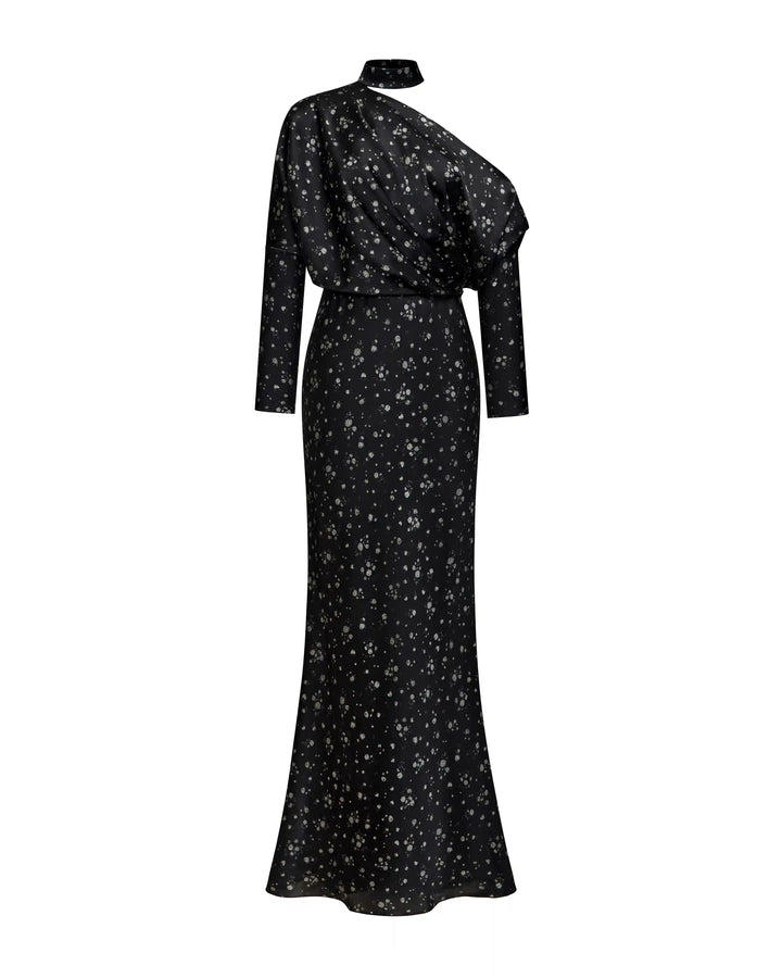 Anika maxi, maxi dress with long sleeves and a choker made of black satin with floral print