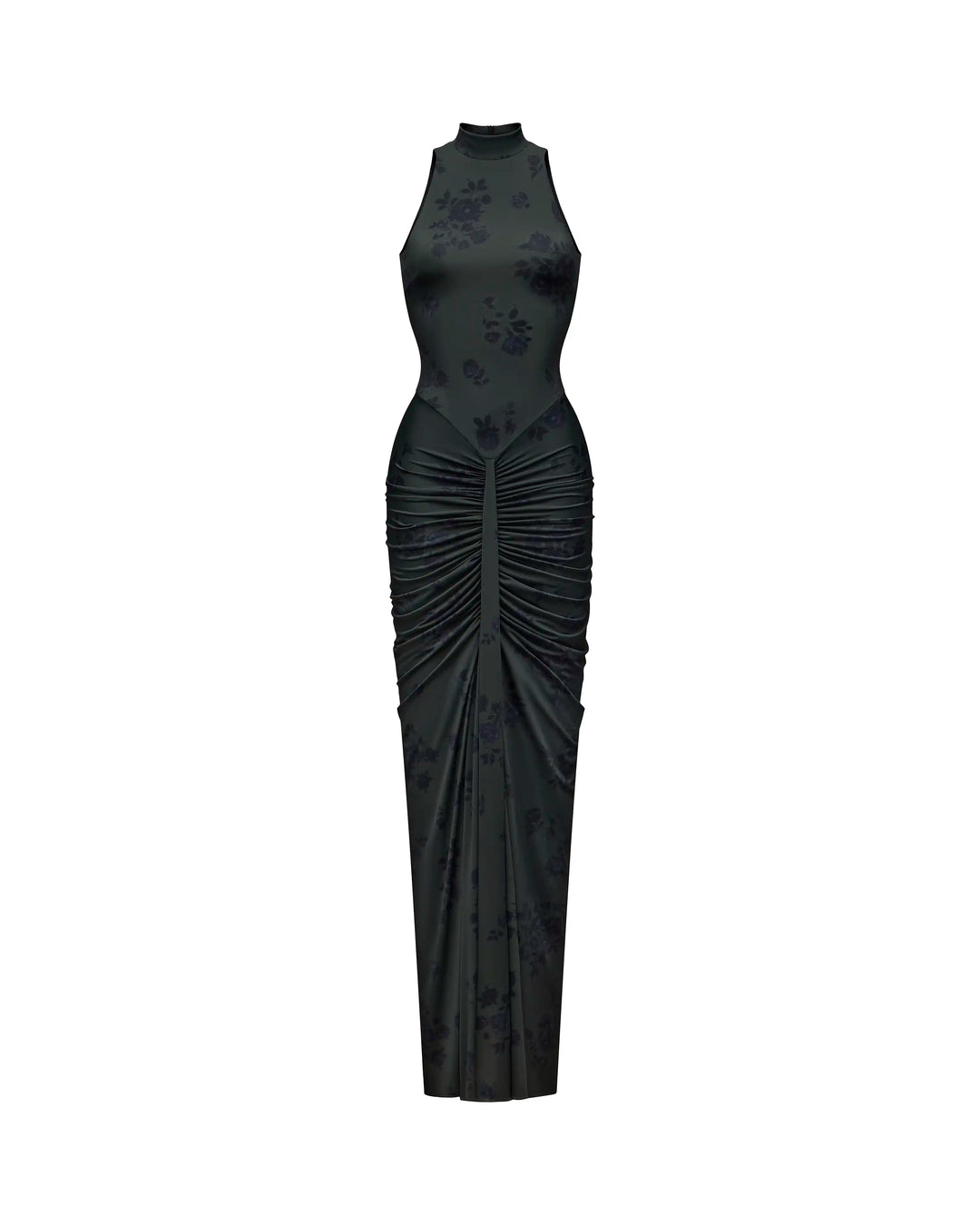 Ivy maxi, dark green biflex maxi dress with black flowers