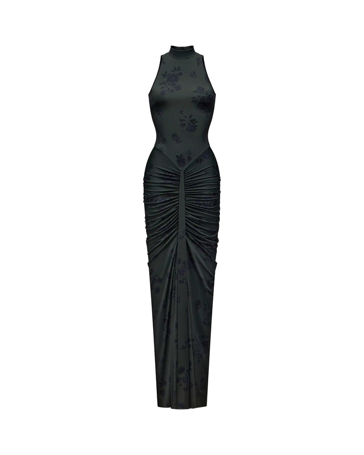 Ivy maxi, dark green biflex maxi dress with black flowers