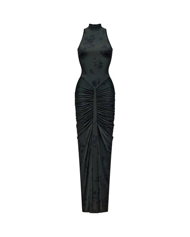 Ivy maxi, dark green biflex maxi dress with black flowers