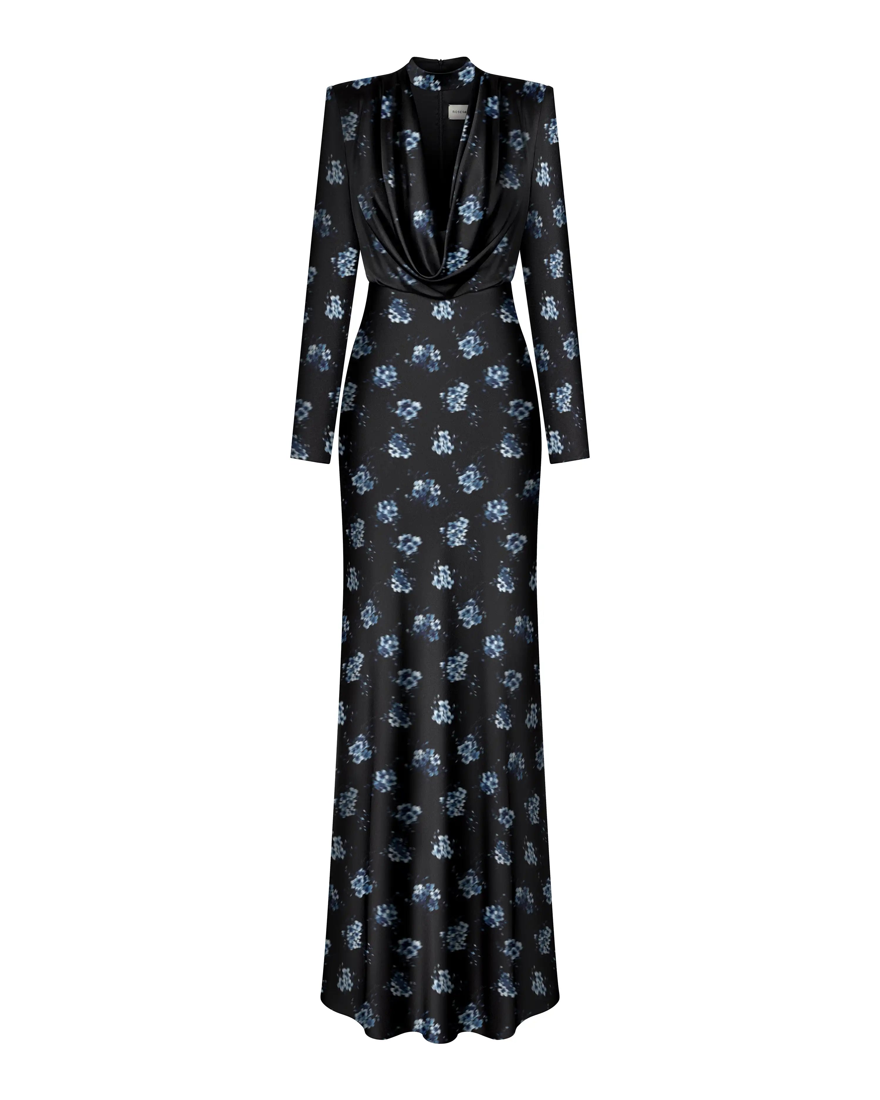 Emma maxi, black satin maxi dress with a medium floral print