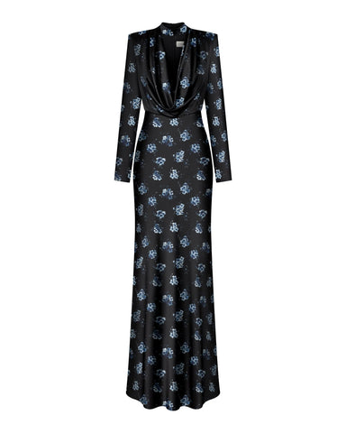 Emma maxi, black satin maxi dress with a medium floral print