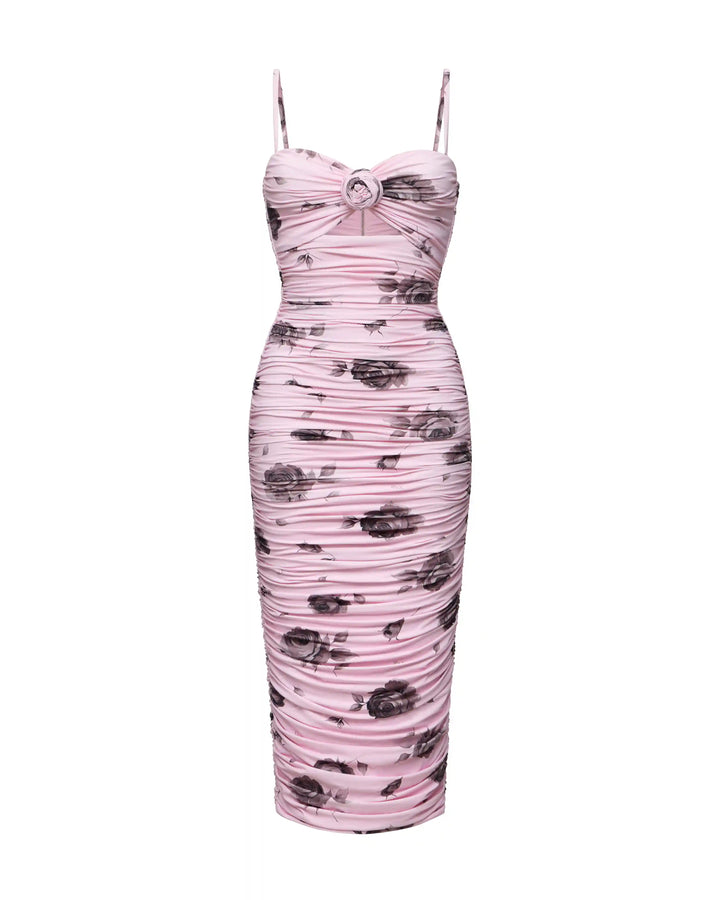 Nicole, midi dress made of lilac biflex with gray flowers