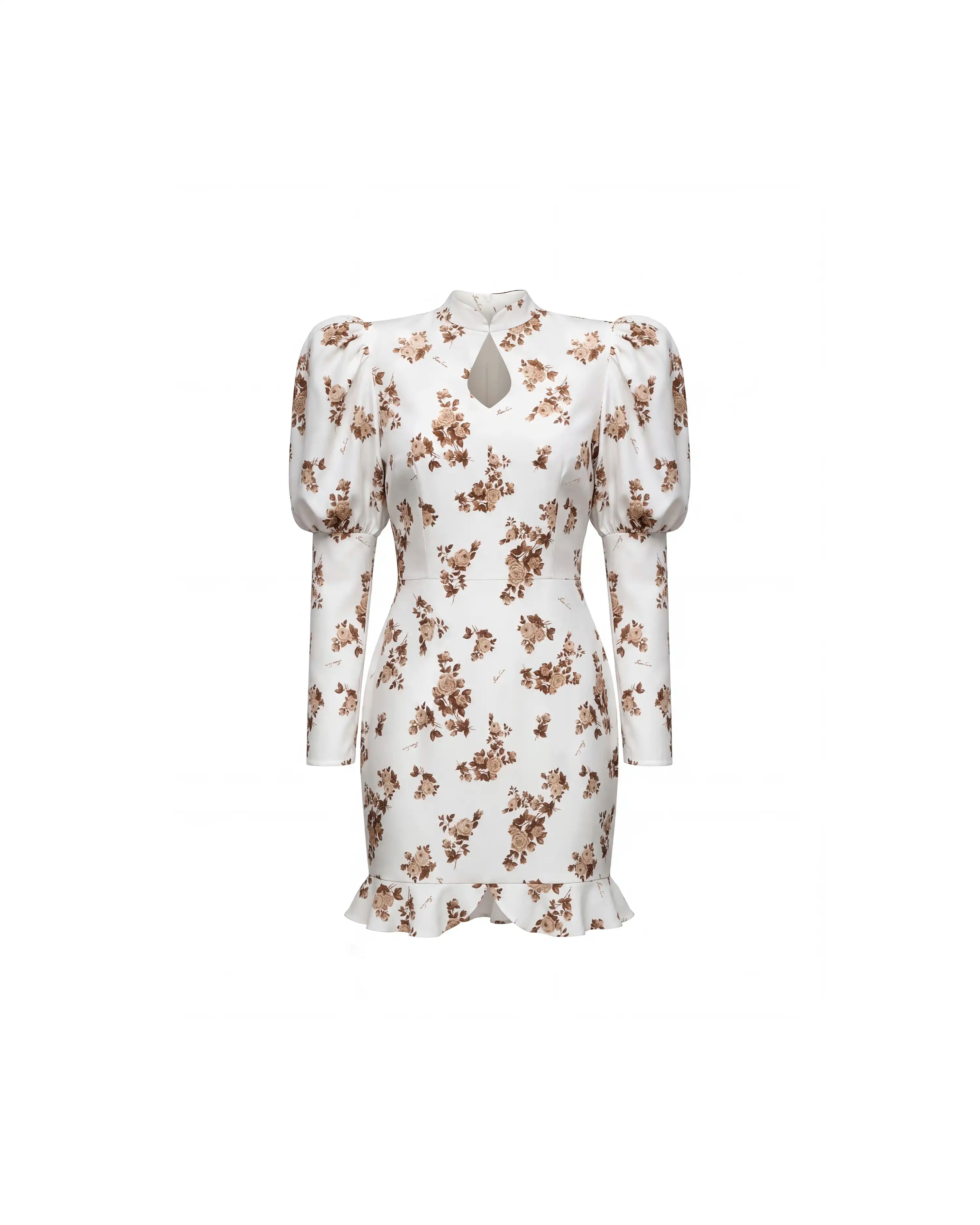 Giannetta mini, milky crepe de chine mini dress with brown flowers