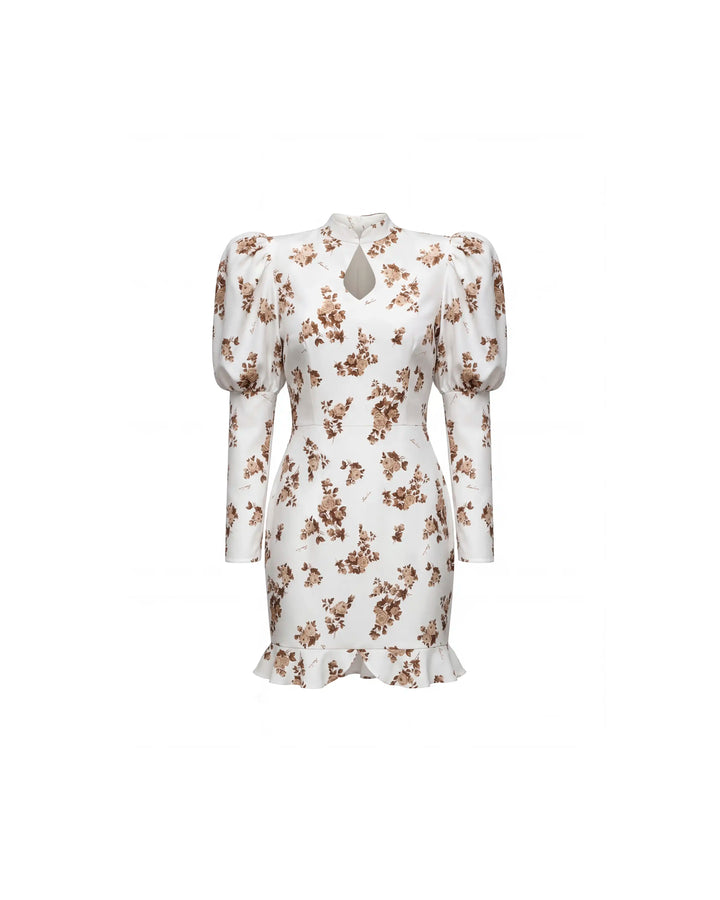 Giannetta mini, milky crepe de chine mini dress with brown flowers