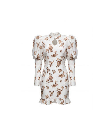 Giannetta mini, milky crepe de chine mini dress with brown flowers