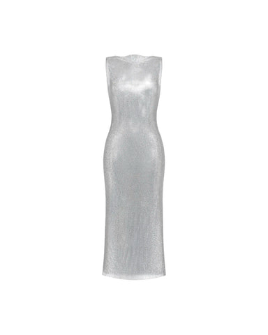 Nata midi, grey mesh midi dress with grey rhinestones