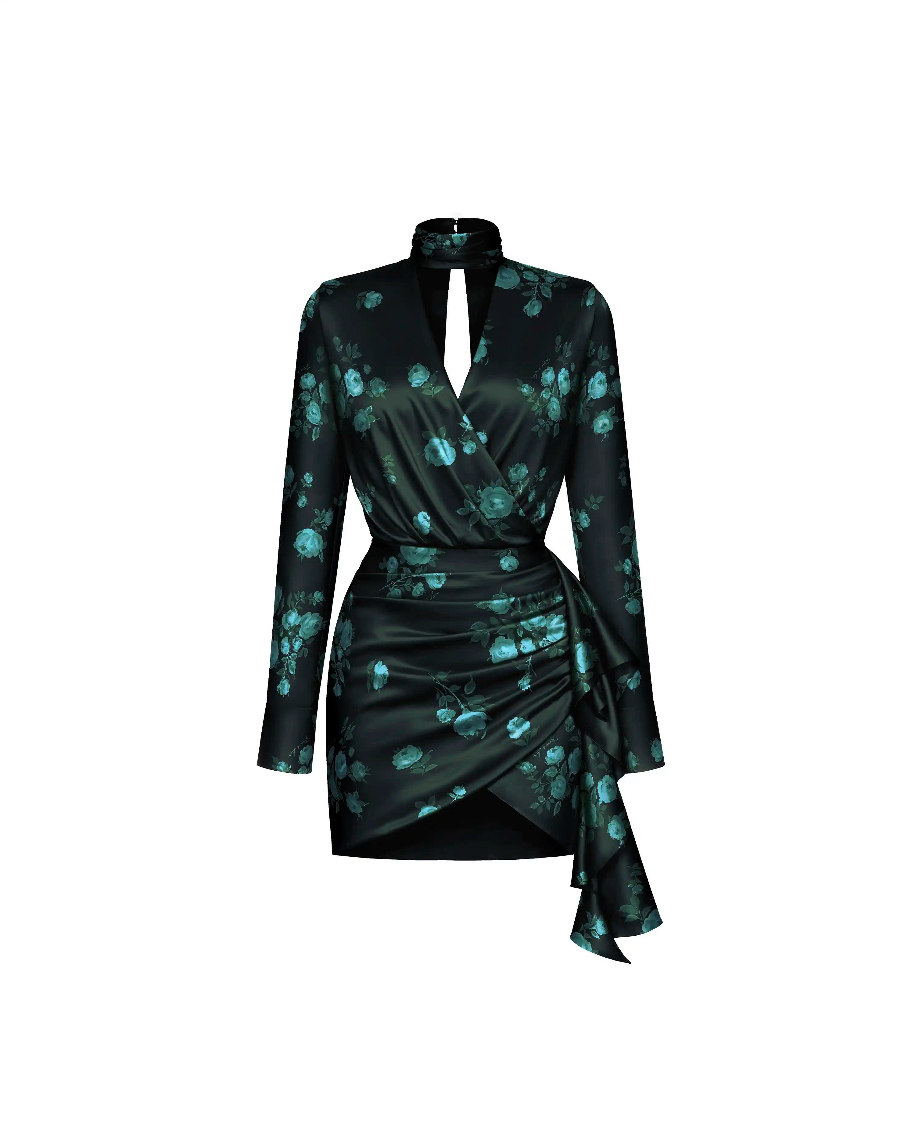 Leah mini, dark green satin mini dress with floral print