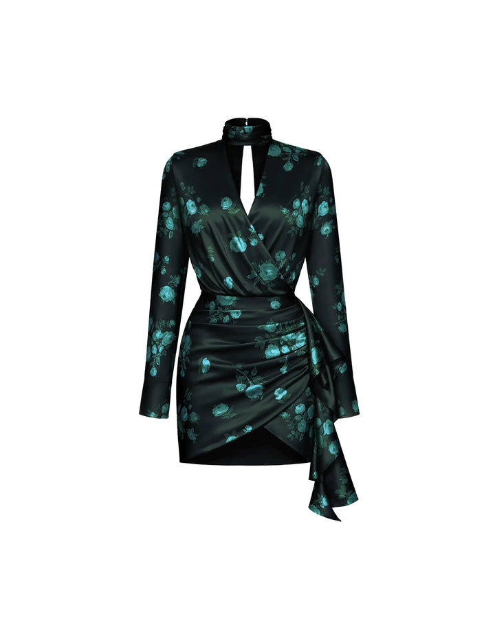 Leah mini, dark green satin mini dress with floral print