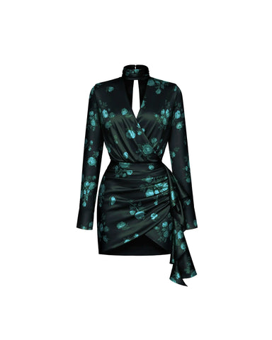 Leah mini, dark green satin mini dress with floral print