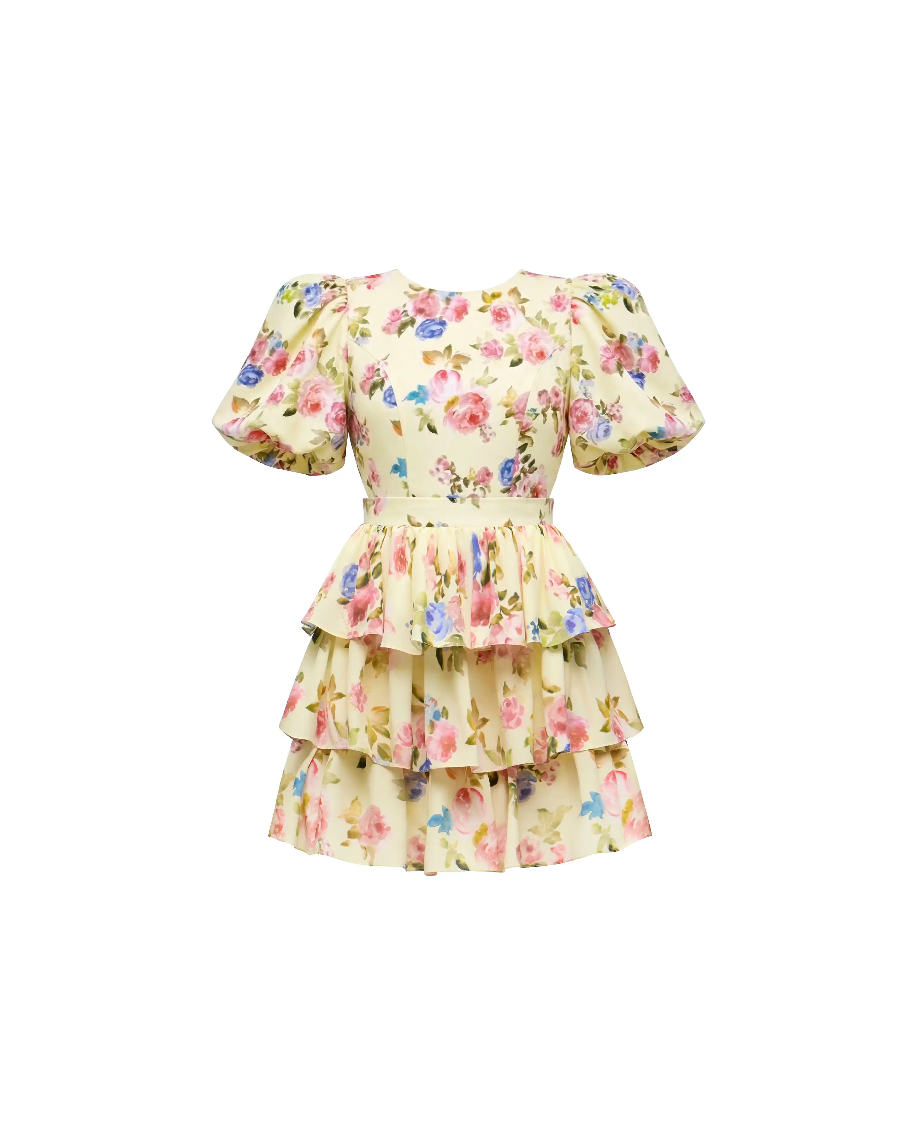 Sorelly mini, mini dress in pale yellow crepe de chine with a floral print