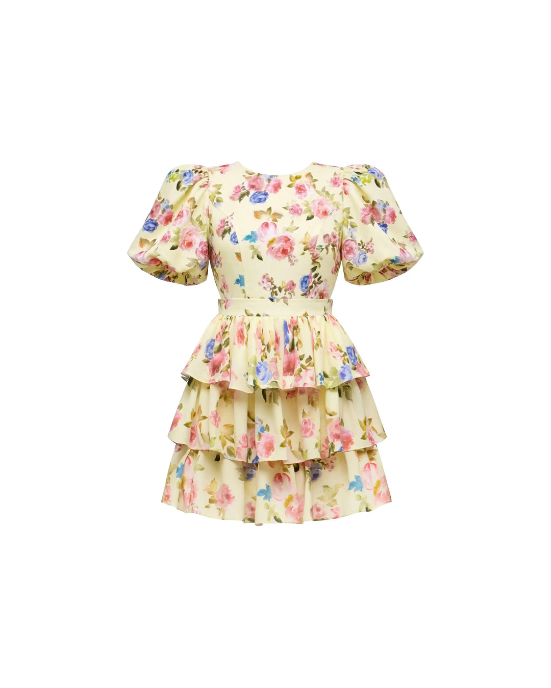 Sorelly mini, mini dress in pale yellow crepe de chine with a floral print