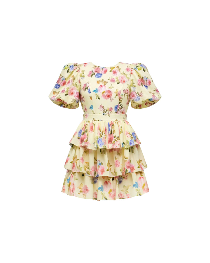 Sorelly mini, mini dress in pale yellow crepe de chine with a floral print