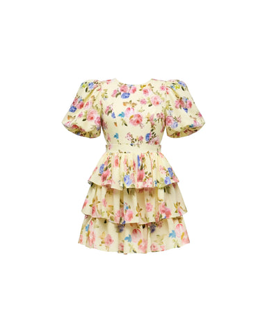 Sorelly mini, mini dress in pale yellow crepe de chine with a floral print