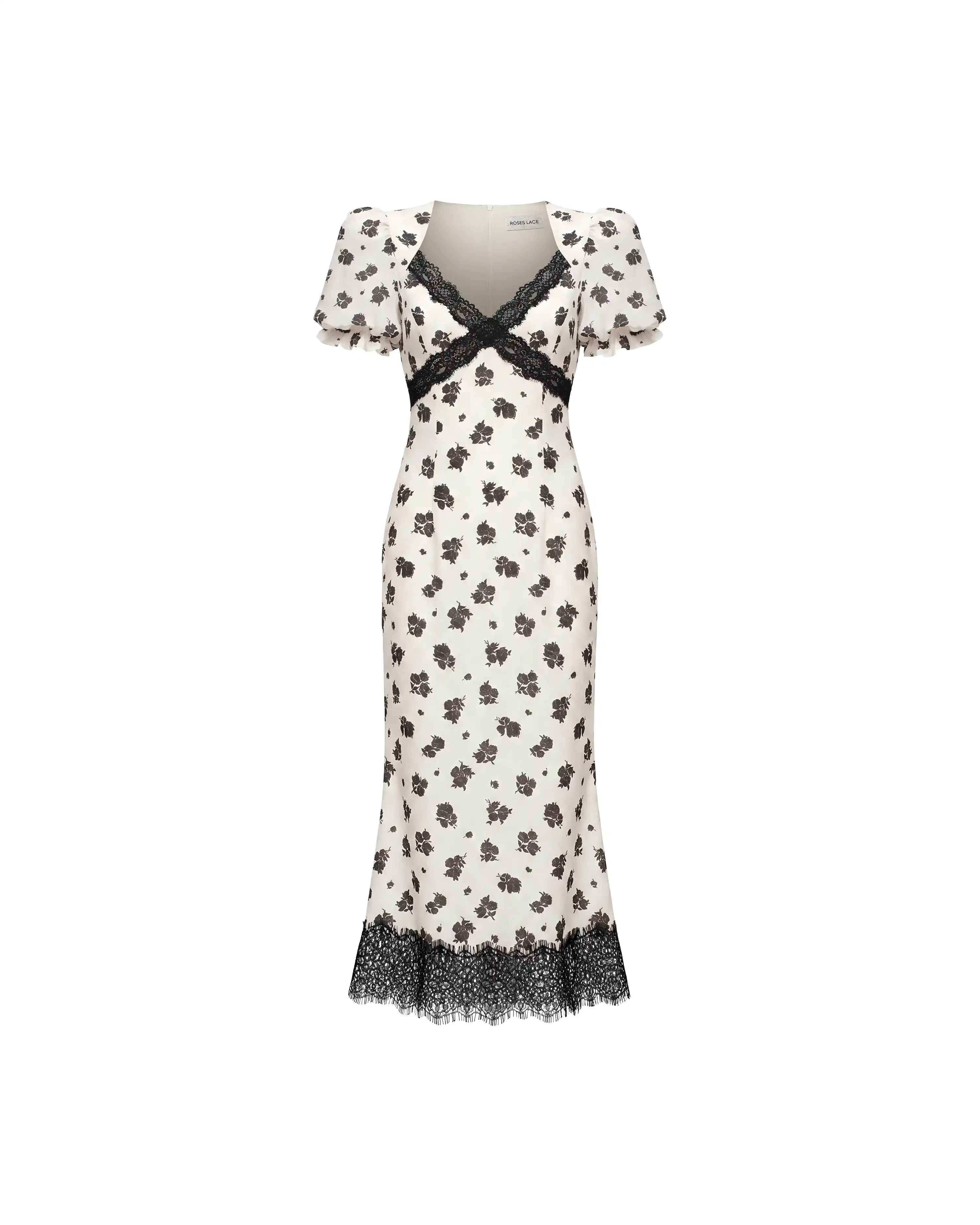 Penny midi, ivory crepe de chine midi dress with medium black flowers