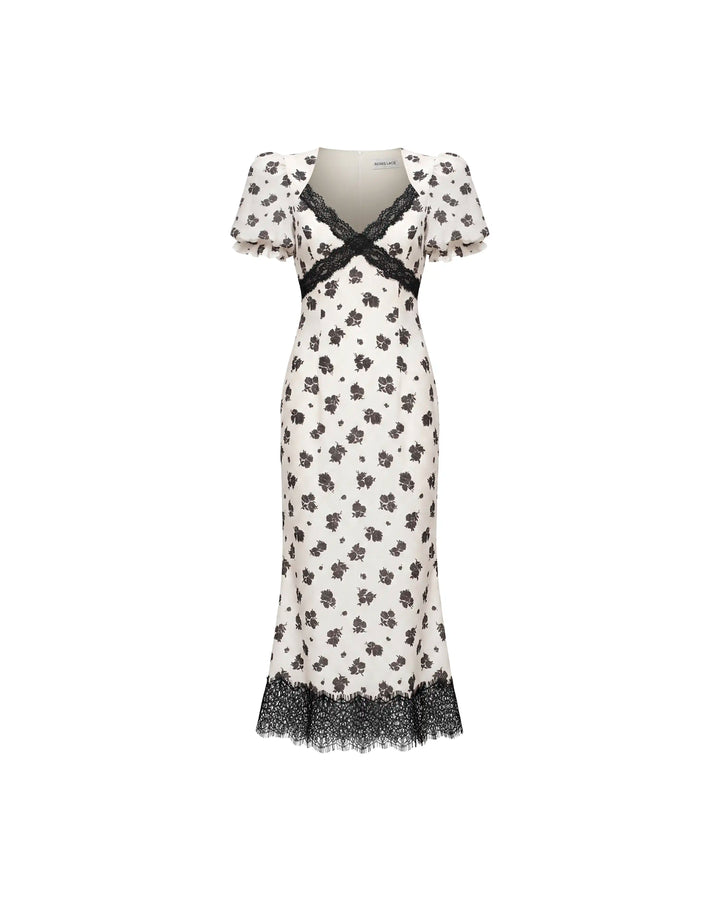 Penny midi, ivory crepe de chine midi dress with medium black flowers