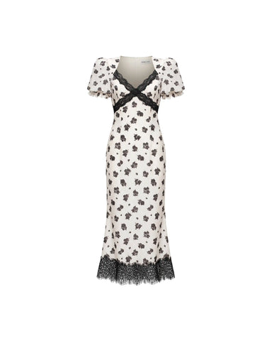 Penny midi, ivory crepe de chine midi dress with medium black flowers