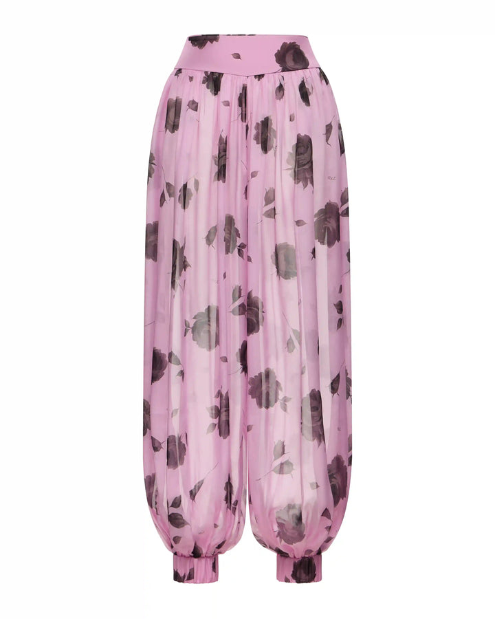 Evie, trousers made of lilac chiffon with gray flowers