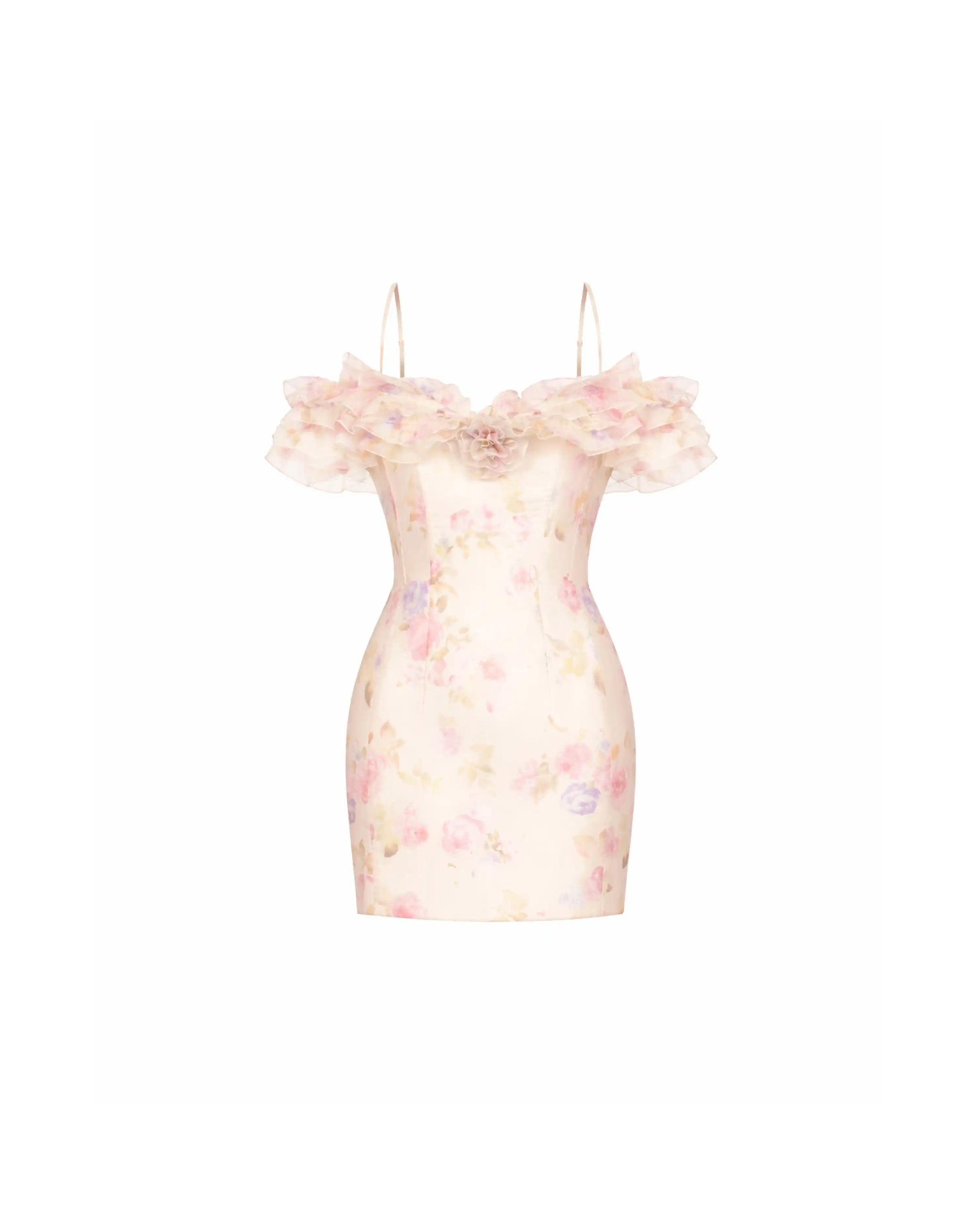 May mini, milky organza mini dress with a floral print, ruffles, and a rose detail