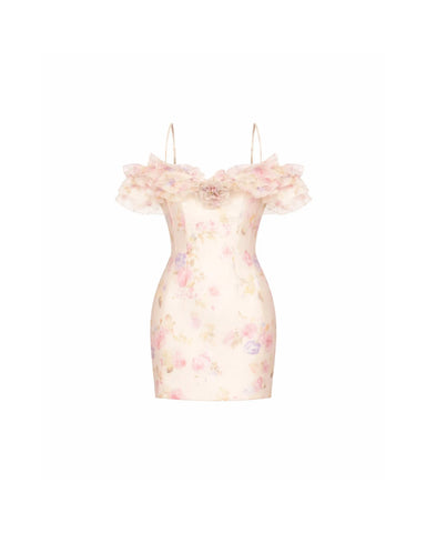 May mini, milky organza mini dress with a floral print, ruffles, and a rose detail