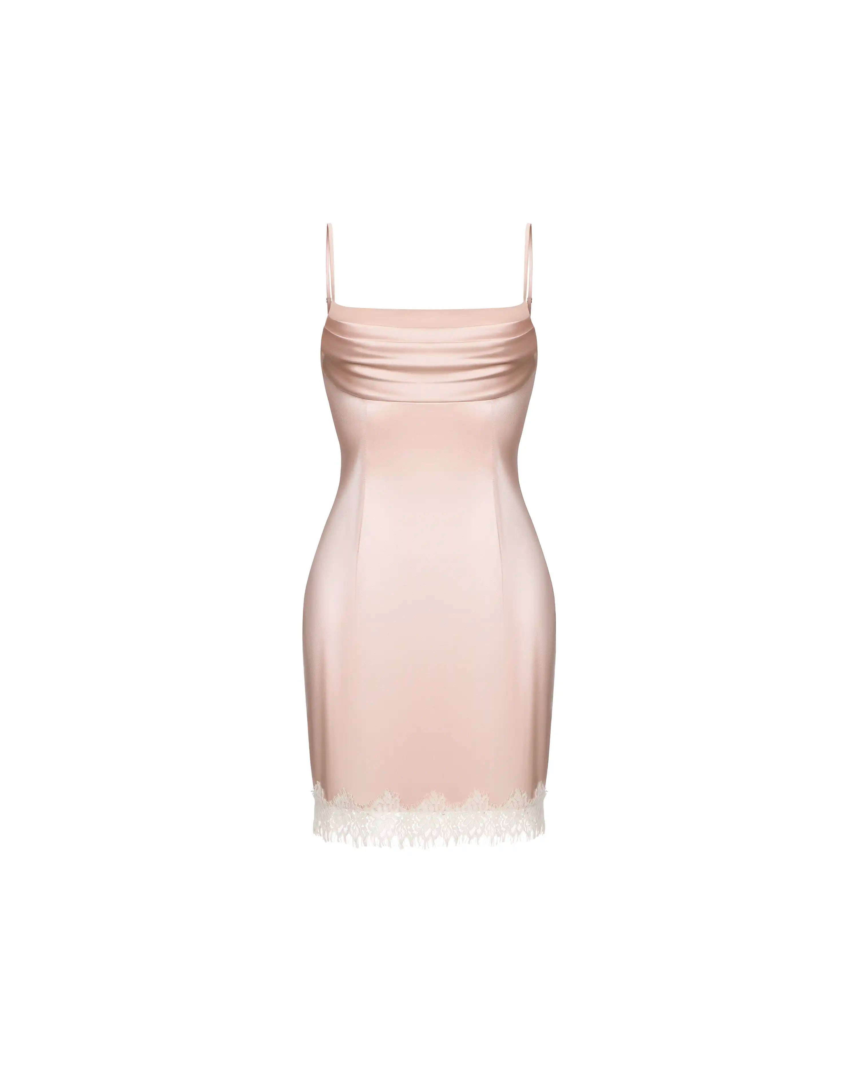 Cassidy mini, mini dress in powder pink satin with lace trim